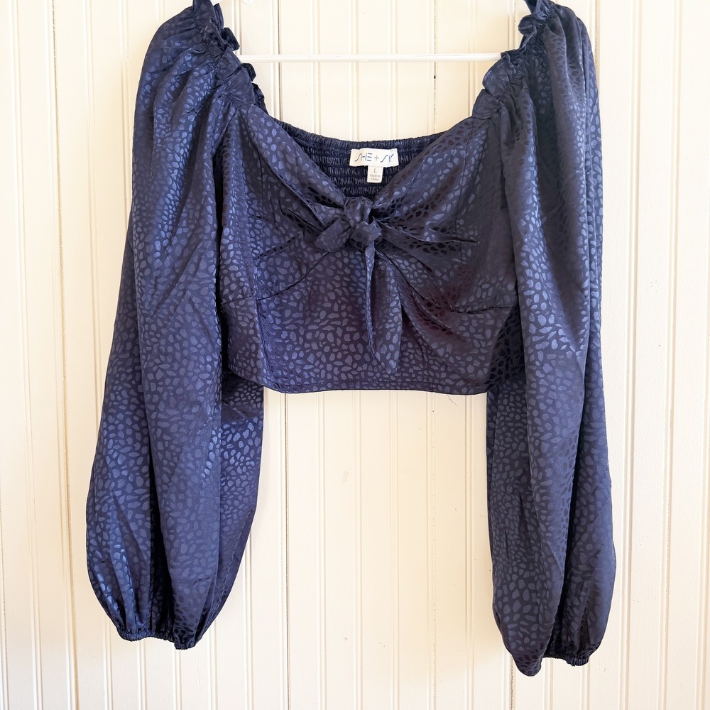 SHE + SKY Navy Blue Satin Leopard Print Tie Front Smocked Romantic Top Crop